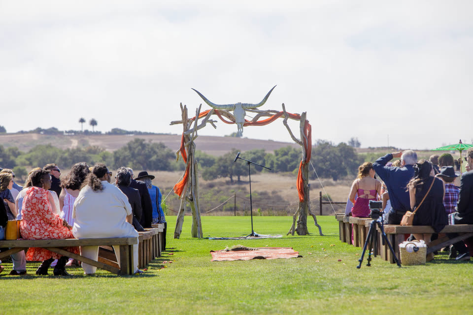 Wedding guests seated on wooden benches on the lawn facing a driftwood arch topped with longhorn horns.